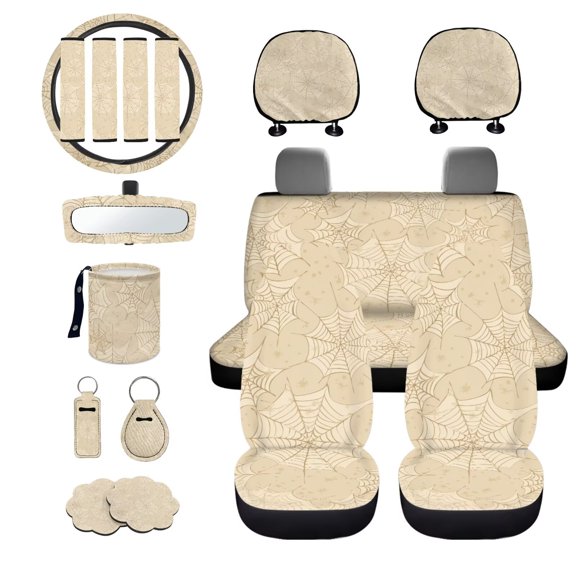 LedBack Spider Web Print Full Seat Covers for Cars Cloth with Steering Wheel Cover Headrest Covers Safety Belt Pads Inside Rearview Mirror Cover Garbage Bag Cup Coasters Key Chain