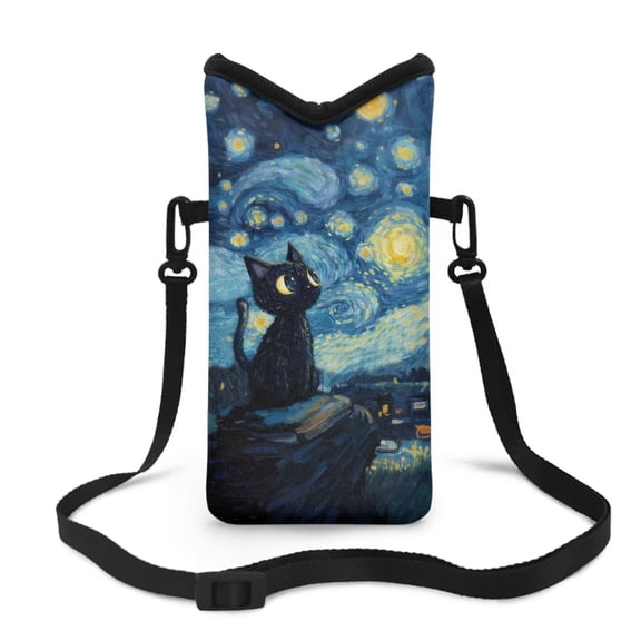 LedBack Starry Cat Print Mobile Phone Bag for Women Crossbody Neoprene Phone Sleeve Pouch Case with Adjustable Strap for iPhone Samsung, 8'' x 4''