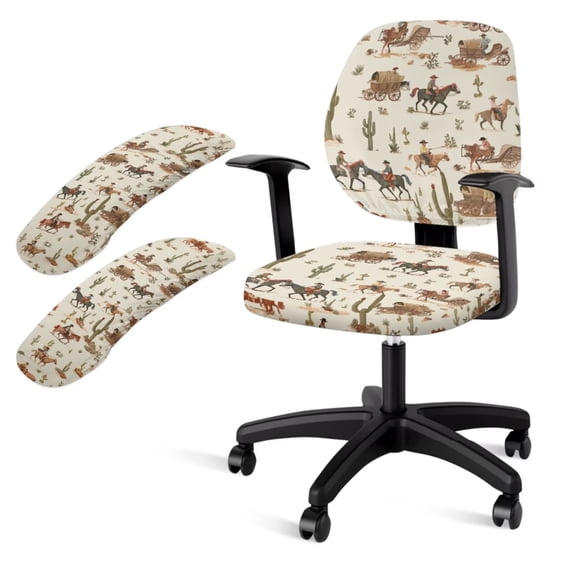 LedBack Stretch Computer Office Chair Covers Set, Horse Cactus Carriage Print Office Chair Covers Slipcover, Anti-Dust Backrest and Seat Protectors with Armrest Covers