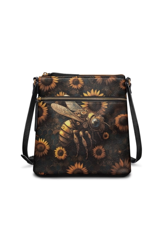Sunflower Bee Print Leather Shoulder Bag for Women Portable Crossbody Satchel Purses Sling Hobo Bag Women Shoulder Handbag for Travel Shopping Work, Brown