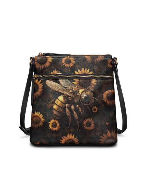 Sunflower Bee Print Leather Shoulder Bag for Women Portable Crossbody Satchel Purses Sling Hobo Bag Women Shoulder Handbag for Travel Shopping Work, Brown