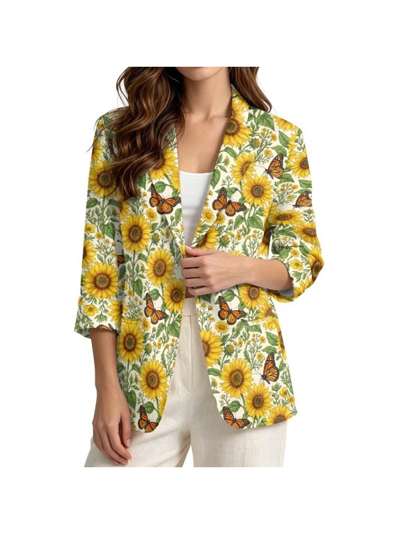 Sunflower Butterfly Print Blazers for Women Business Casual Blazer Jacket 3/4 Sleeve Linen-Style Suit Jacket for Work Office Vacation, 3XL