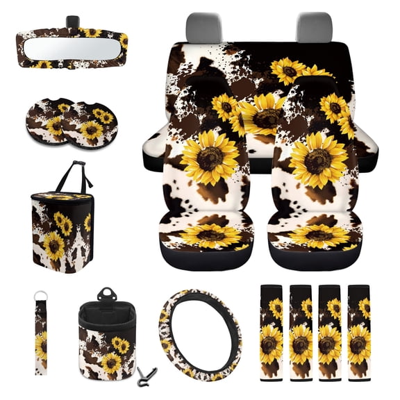 LedBack Sunflower Cow Print Full Set Car Seat Covers with Accessories Universal Car Front and Rear Seat Covers for Truck Sedan Vehicle, Decorative Auto Interior Accessories, Set of 15