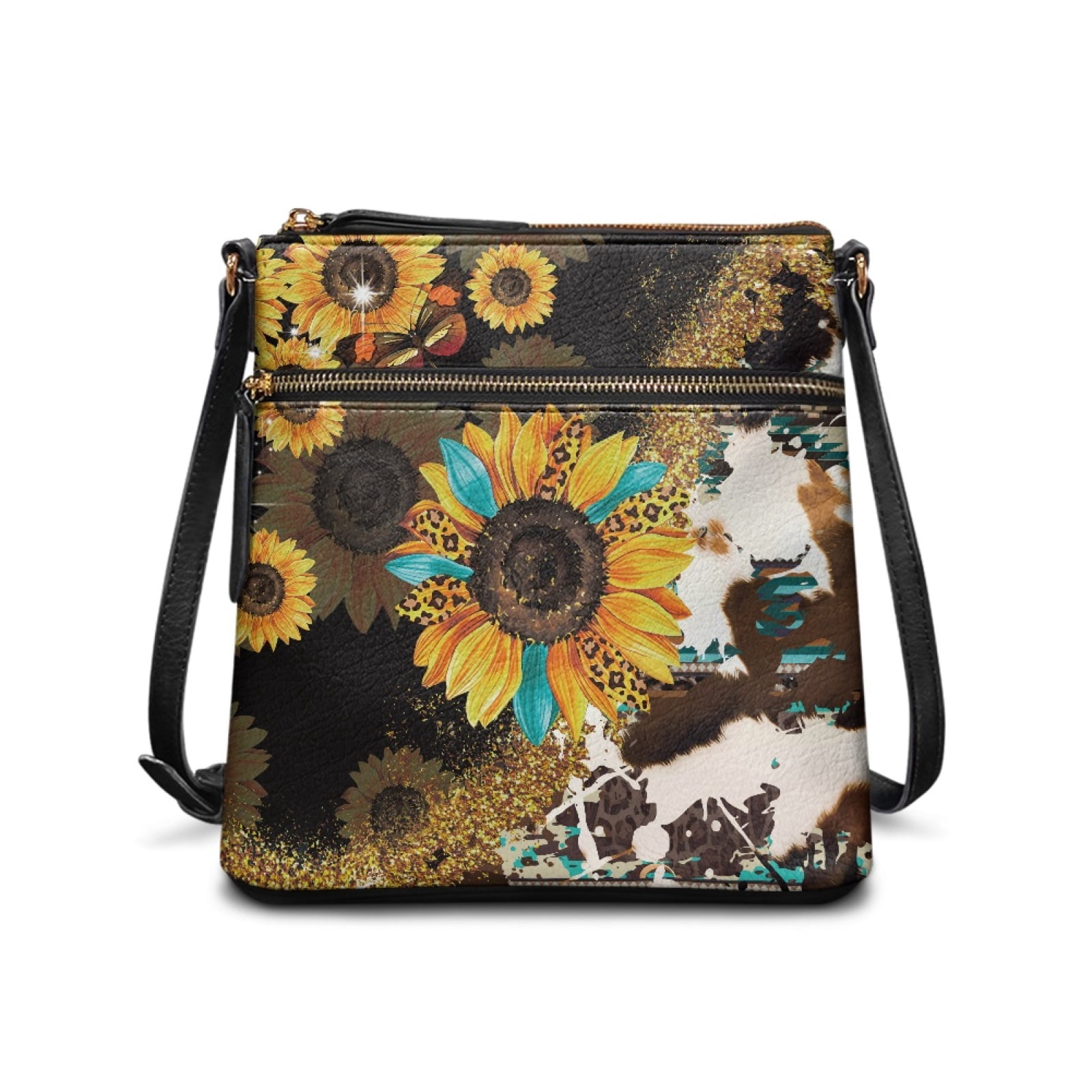LedBack Sunflower Cow Print Leather Hobo Purse Crossbody Satchel Bag Sling Shoulder Purse with Adjustable Strap, Zipper Cross Body Messenger Bag for Travel Shopping Work, Brown