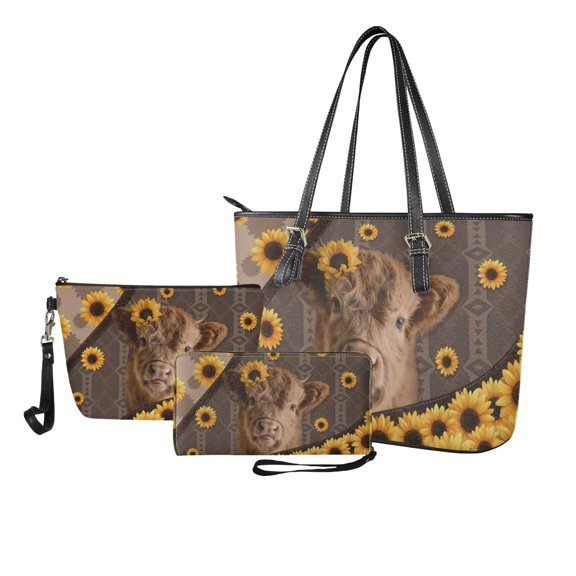 LedBack Sunflower Cow Printed Top Handle Handbag with Wallet for Women Cosmetic Purse Waterproof Tote Bag Purse and Wallet Set Make Up Bags for Travel Shopping, Brown