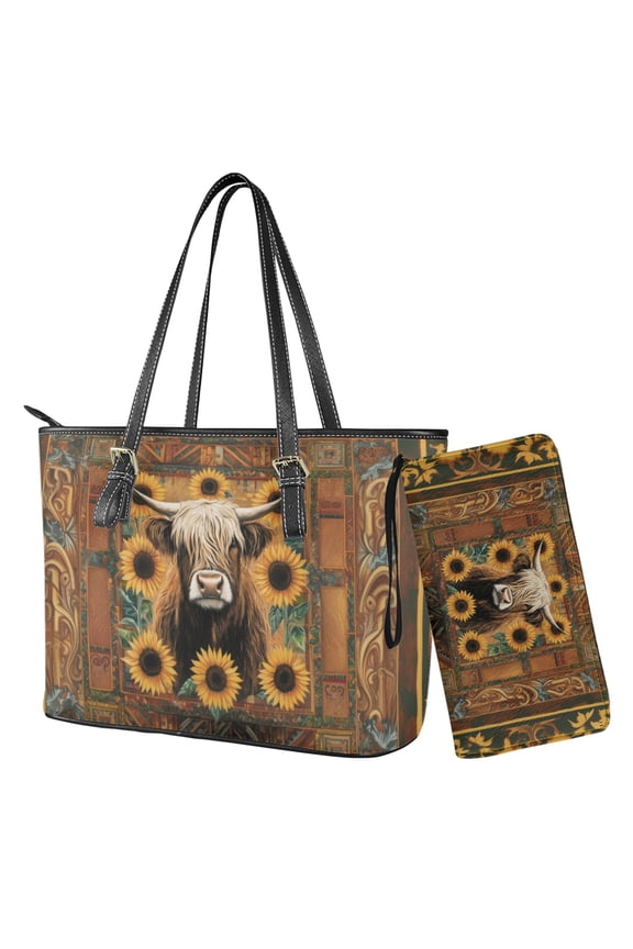 Sunflower Handbag and Wallet Set for Women Highland Cow Print Tote Bag Matching Wristlet Wallet Waterproof Bucket Shoulder Purses Set for Ladies, Brown
