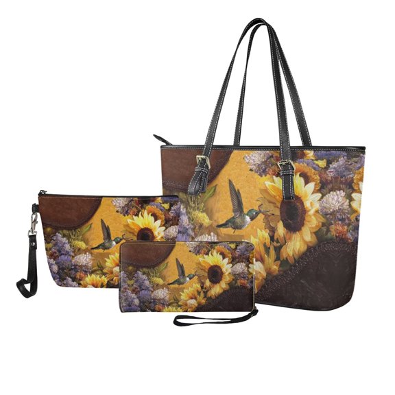 LedBack Sunflower Hummingbird Printed Handbag and Wallet Set for Women Waterproof Purses Tote Bag with Wristlet Wallet Cosmetic Purse for Travel Walking, Yellow and Brown