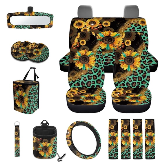 LedBack Sunflower Leopard Print Automotive Seat Covers & Accessories Full Set High Back Seat Covers with Steering Wheel Cover Safety Belt Pads Rearview Mirror Cover for Sedan SUV Truck