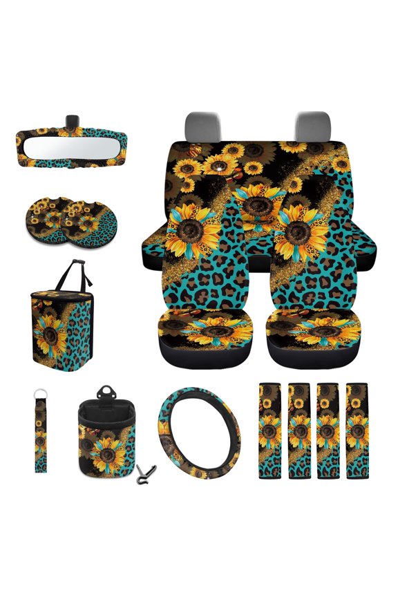 Sunflower Leopard Print Car Seat Covers Full Set with Accessories, Including Front and Rear Split Bench Seat Covers Steering Wheel Cover Safety Belt Pads Garbage Bag Cup Cushions