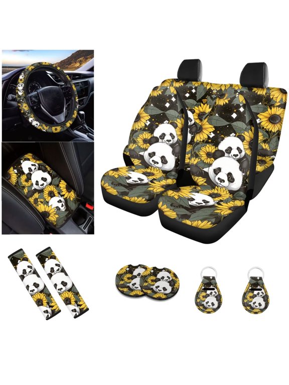 Sunflower Panda Printed Car Seat Covers Full Set, 12 Piece, Breathable Front/Back Seat Covers Steering Wheel Covers Armrest Pads Seatbelt Cover for Women Men, Car Interior Accessories