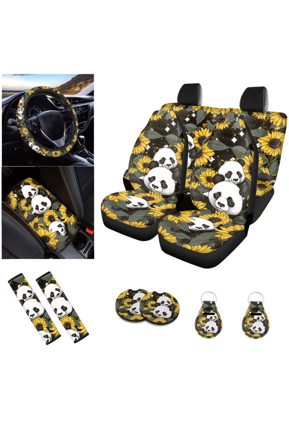 Sunflower Panda Printed Car Seat Covers Full Set, 12 Piece, Breathable Front/Back Seat Covers Steering Wheel Covers Armrest Pads Seatbelt Cover for Women Men, Car Interior Accessories