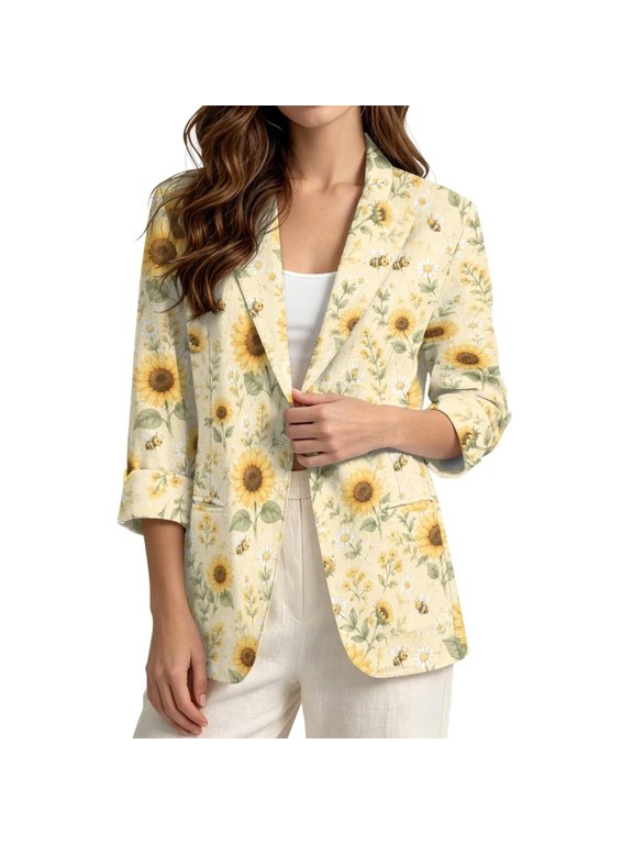 Sunflower Printed Blazers for Women Business Casual Suit Blazer Jacket with 2 Pockets Linen-Style Blazer for Interview Work Office, L
