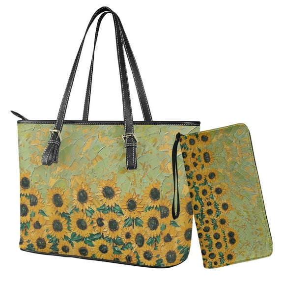LedBack Sunflower Printed Top Handle Handbag with Wallet for Women Zipper Shoulder Purse with Strap Leather Wristlet Wallet Clutch Purses for Work Shopping, Yellow