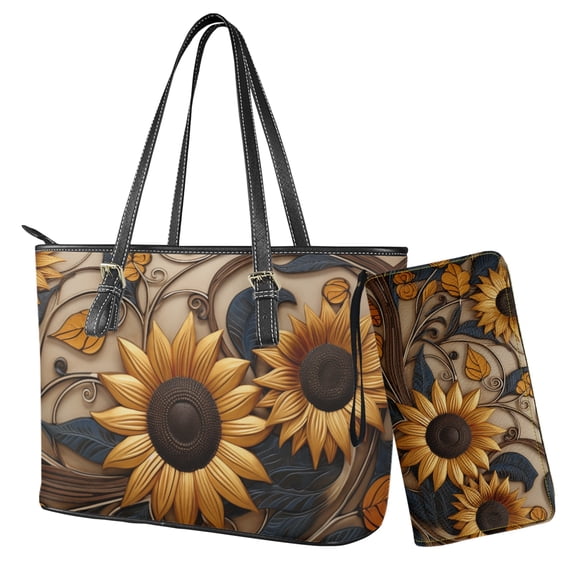 LedBack Sunflower Purse and Wallet Sets for Women Handbag and Purse Set Satchel Purse Top Handle Tote Bag for Women Leather Shoulder Handbag with Wallet for Ladies