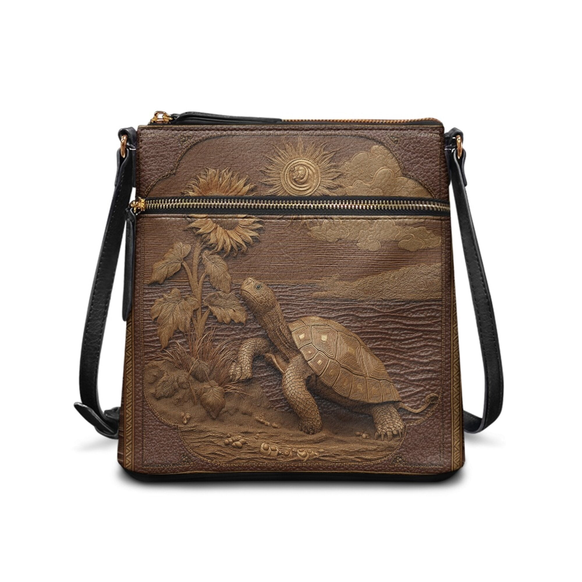 LedBack Sunflower Turtle Printed Satchel Handbags Leather Crossbody Shoulder Bag with Adjustable Strap, Portable Shoulder Bag Messenger Purse with Multi Pocket, Brown