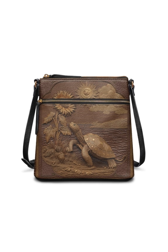 Sunflower Turtle Printed Satchel Handbags Leather Crossbody Shoulder Bag with Adjustable Strap, Portable Shoulder Bag Messenger Purse with Multi Pocket, Brown
