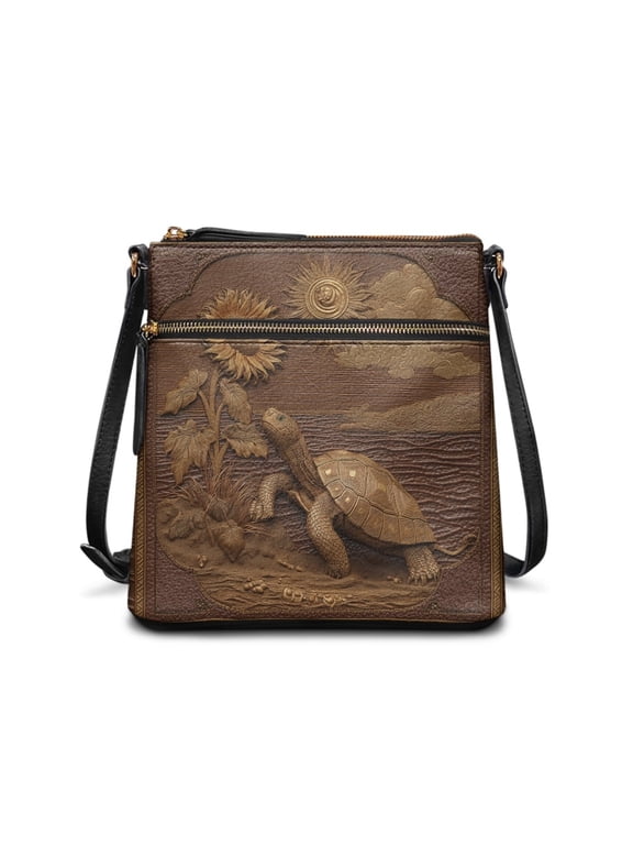 Sunflower Turtle Printed Satchel Handbags Leather Crossbody Shoulder Bag with Adjustable Strap, Portable Shoulder Bag Messenger Purse with Multi Pocket, Brown