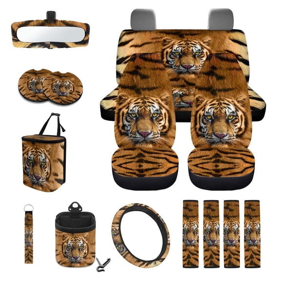 LedBack Tiger Print Car Seat Covers Full Set for Men, Soft Breathable Front and Rear Seat Covers with Steering Wheel Cover Safety Belt Pads Inside Rearview Mirror Cover Cup Cushions
