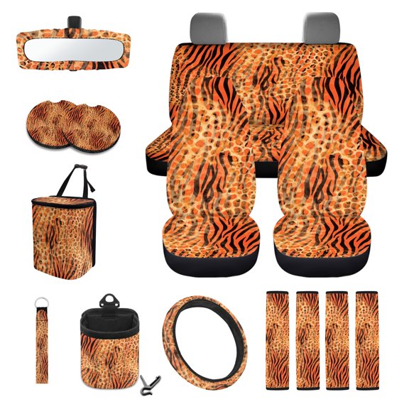 LedBack Tiger Print Print Auto Seat Covers Full Set of 15, Including Car Front Rear Seat Covers with Steering Wheel Cover Safety Belt Pads Rearview Mirror Cover Cup Coasters Key Chain