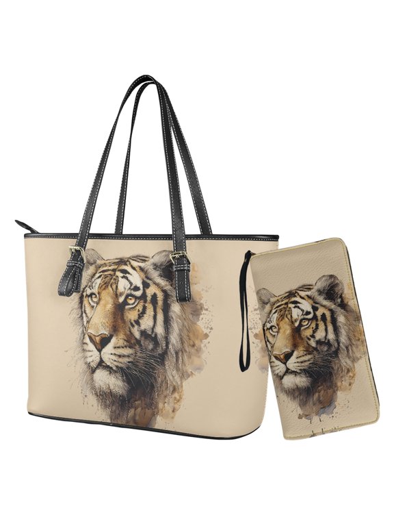 Tiger Printed Tote Bag for Women Large Capacity Wallet and Purse Set Shoulder Purse Handbags Work Laptop Travel Top Handle Satchels Zip Pouch, Beige