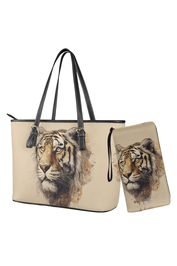 Tiger Printed Tote Bag for Women Large Capacity Wallet and Purse Set Shoulder Purse Handbags Work Laptop Travel Top Handle Satchels Zip Pouch, Beige