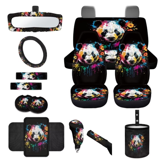 LedBack Universal Car Seat Cover Sets Full Set Ink Splash Panda Print Front and Rear Split Bench Seat Cover with Steering Wheel Protector Armrest Cushion, Universal Fit Truck SUV Sedan