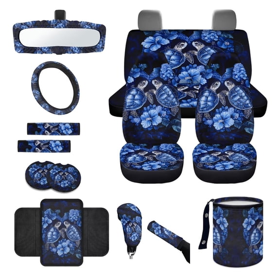 LedBack Universal Car Seat Cover Sets Full Set Sea Turtle Hibiscus Print Front and Rear Split Bench Seat Cover with Steering Wheel Protector Armrest Cushion, Universal Fit Truck SUV Sedan