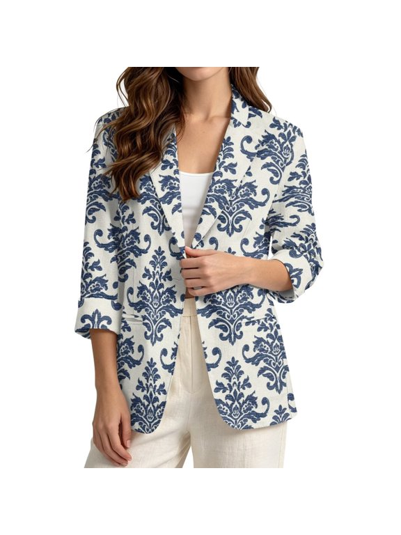 Vintage Pattern Blazers for Women Business Casual Blazer Suit Slim Fit Linen-Style Suit Jacket for Summer Spring, 2XL