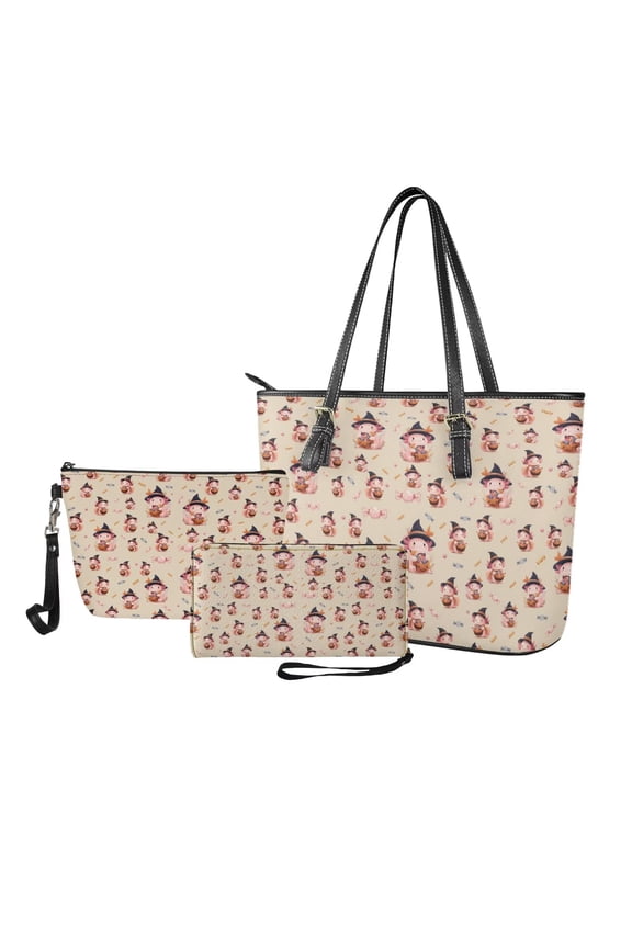 Witch Axolotl Printed Handbags Set Womens 3pcs Wallet and Purse Set Cosmetic Purse Wrislet Wallet Waterproof Top Handle Shoulder Bat Totes for Travel, Brown