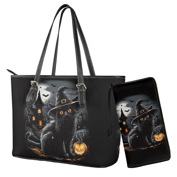 LedBack Witch Cat Printed Tote Bag Handbag with Wallet Set Pu Leather Hobo Shoulder Bag for Women Ladies 2 Pcs Top Handle Handbag Purse Clutch Shoulder Totes, Black