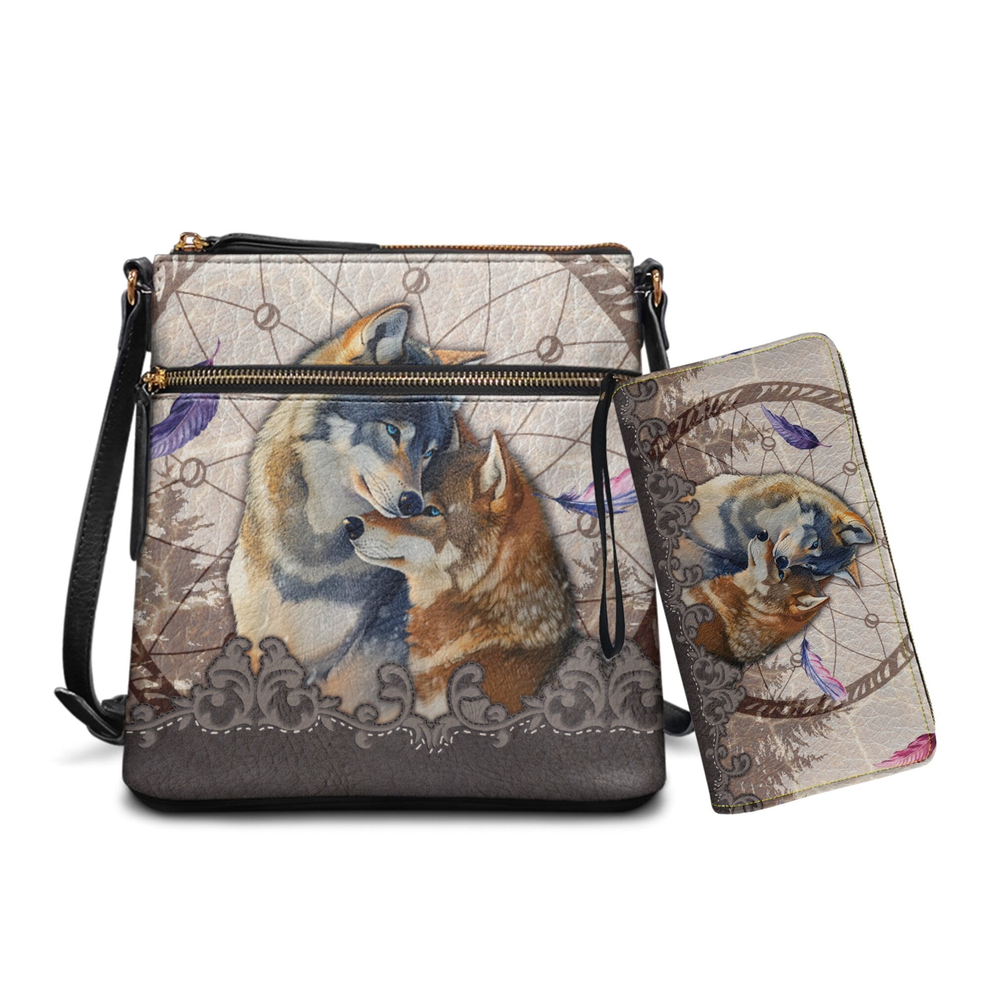 LedBack Wolf Couple Crossbody Messenger Purse Set Dreamcatcher Leather Hobo Bag Satchel Handbag Shoulder Purse PU Wallet for Women Lady, Beige