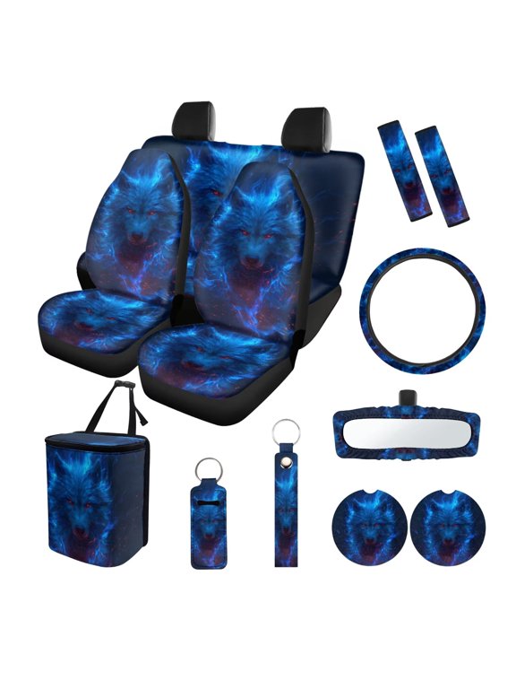 Wolf Print 13Pcs Car Interior Cover Set for Men Women Universal Car Front Rear Seat Covers with Steering Wheel Cover Safety Belt Pads Trash Bag Cup Coasters Keychain for Most Cars