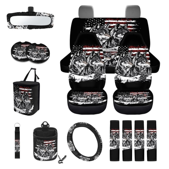 LedBack Wolf Print 15Pcs Car Seat Covers Full Set American Flag Print Front and Rear Split Bench Seat Protectors Cover with Steering Wheel Cover Safety Belt Pads Rear View Mirror Protector