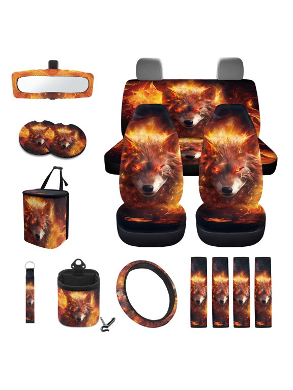 Wolf Print Car Interior Cover Set 15Pcs Universal Car Front and Rear Seat Covers with Steering Wheel Cover Safety Belt Pads Cup Cushions Key Chain Decorative Auto Accessories
