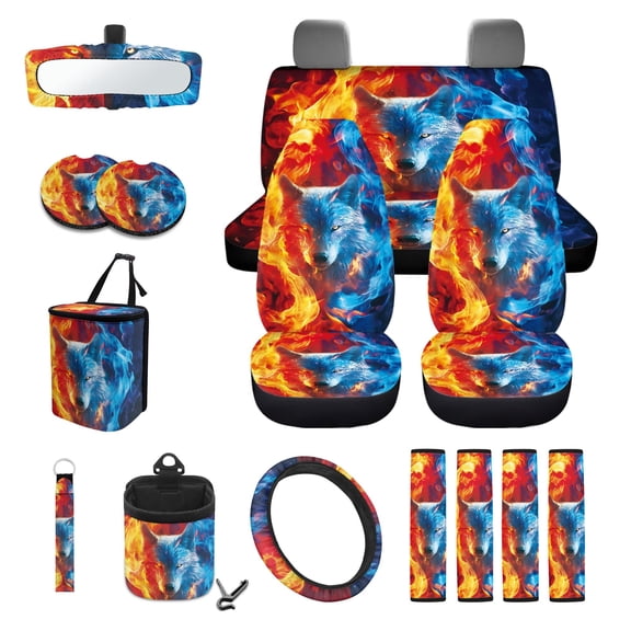 LedBack Wolf Print Car Seat Cover Set for Men Decorative High Back Bucket Seat Cover with Safety Belt Pads Car Air Vent Storage Pouch Rear View Mirror Protector Universal Fit