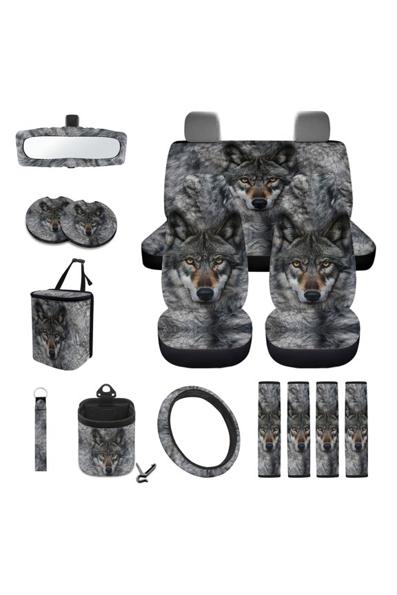 Wolf Print Car Seat Covers Full Set for Men, Soft Breathable Front and Rear Seat Covers with Steering Wheel Cover Safety Belt Pads Inside Rearview Mirror Cover Cup Cushions