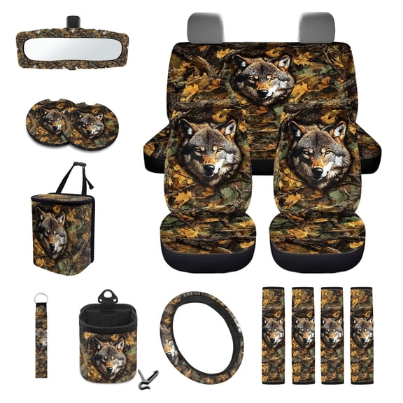 LedBack Wolf Print Car Seat and Steering Wheel Cover Set for Men Universal Decorative Safety Belt Pads Rearview Mirror Cover Garbage Bag Car Air Vent Storage Bag Coasters Key Chain