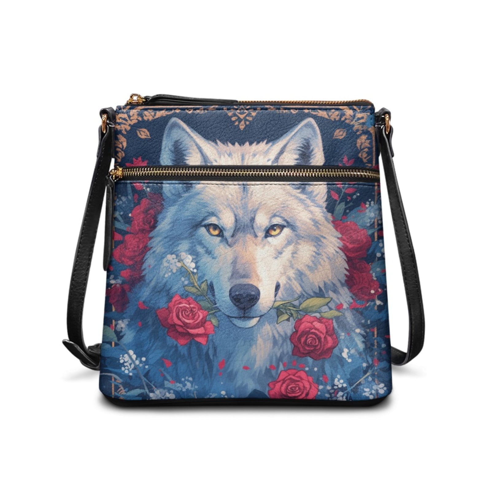 LedBack Wolf Print Leather Shoulder Handbags Crossbody Satchel Purse Zipper Pocket Hobo Bag with Adjustable Strap Multi Pockets, Blue