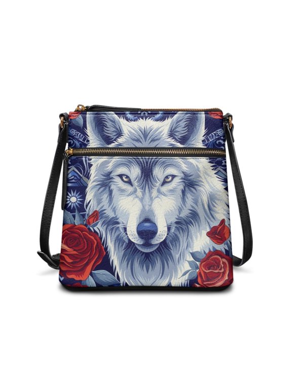 Wolf Print Leather Shoulder Purse Crossbody Satchel Purse for Women Multi Pocket Hobo Bag Messenger Bag with Adjustable Strap for Shopping Travel, Blue
