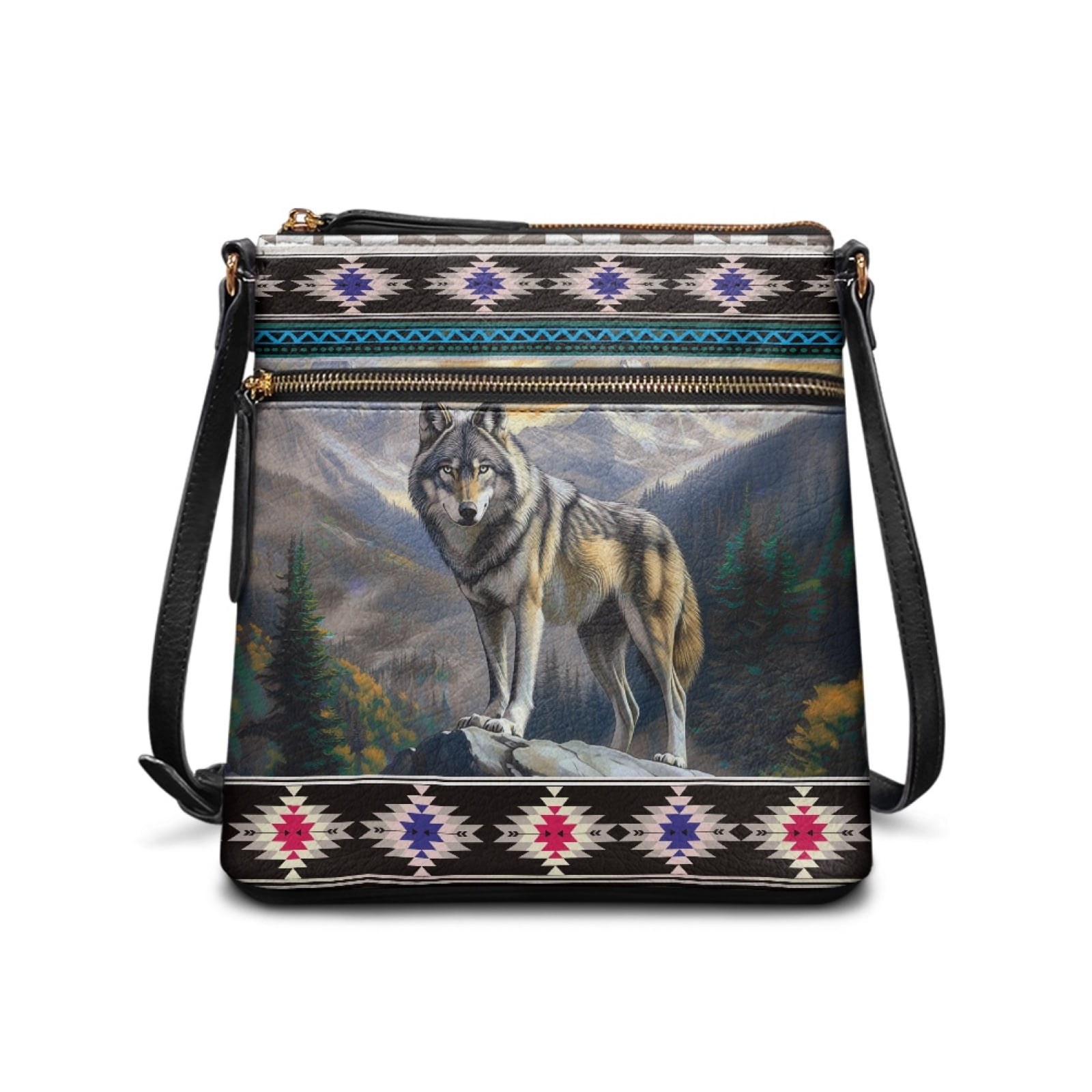 LedBack Wolf Print Women Crossbody Bags Leather Hobo Purse Aztec Sling Satchel Purse Multi Pockets Shoulder Handbag with Adjustable Strap for Travel Shopping, Blue