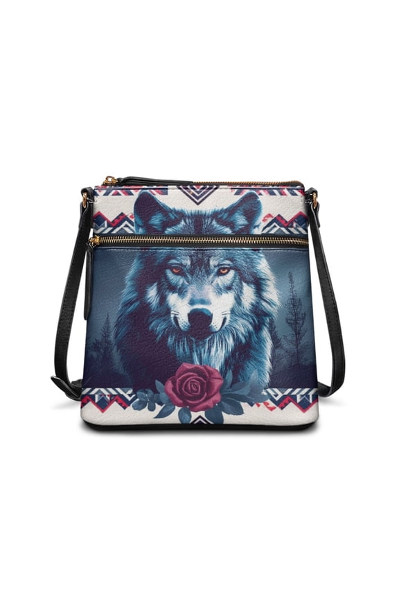 Wolf Print Women Satchel Purse Sling Hobo Bag with Multi Zipper Pockets, Leather Women Crossbody Shoulder Handbag with Adjustable Strap, Blue