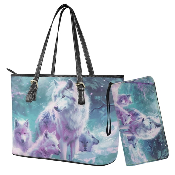 LedBack Wolf Printed Womens Handbag with Purse Set Large Capacity Totes Top Handle Satchels Bucket Tote Bag with Matching Wallet for Ladies Leather Handbag Set, Green