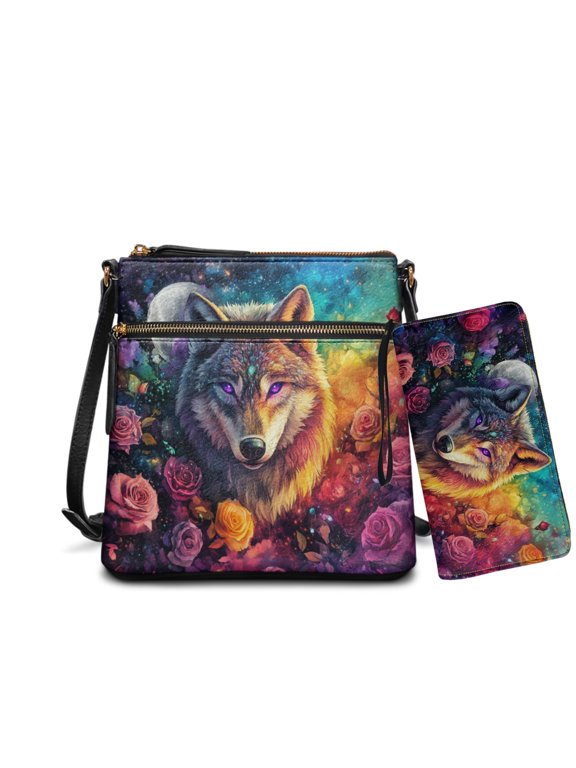 Wolf Rose Printed Crossbody Purse Set for Women Large Crossbody Bags Ladies Shoulder Handbags Purse and Wallet Set for Shopping Walking, Orange
