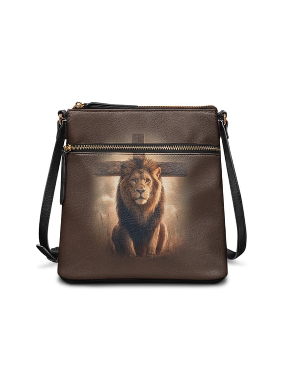 Women Hobo Bag Crossbody Shoulder Purse Cross Lion Print Satchel Handbag with Adjustable Strap Portable Messenger Purse for Travel Party, Gift for Christian, Brown