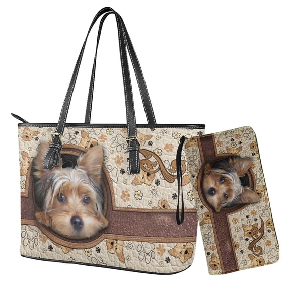 LedBack Yorkshire Terrier Printed Handbag and Wallet Set Cute Tote Bag Shoulder Purse with Wristlet Wallet for Women Waterproof Shoulder Handbags for Travel, Brown