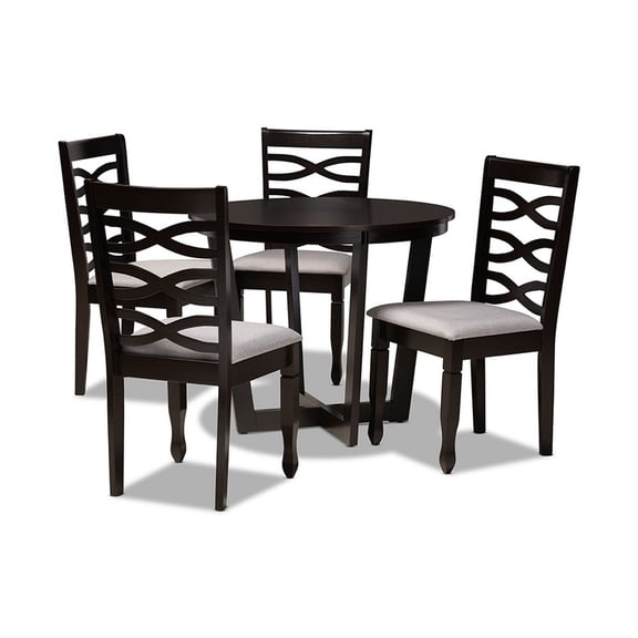 Leda Modern and Contemporary Grey Fabric Upholstered and Dark Brown Finished Wood 5-Piece Dining Set