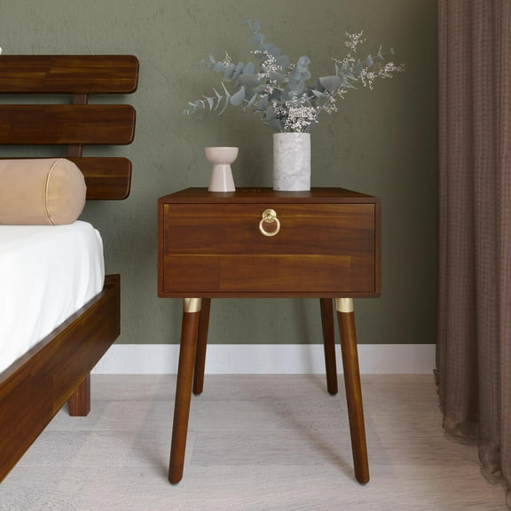 Ledan Nightstand, Modern Style, Solid Acacia Wood, Dark Chocolate