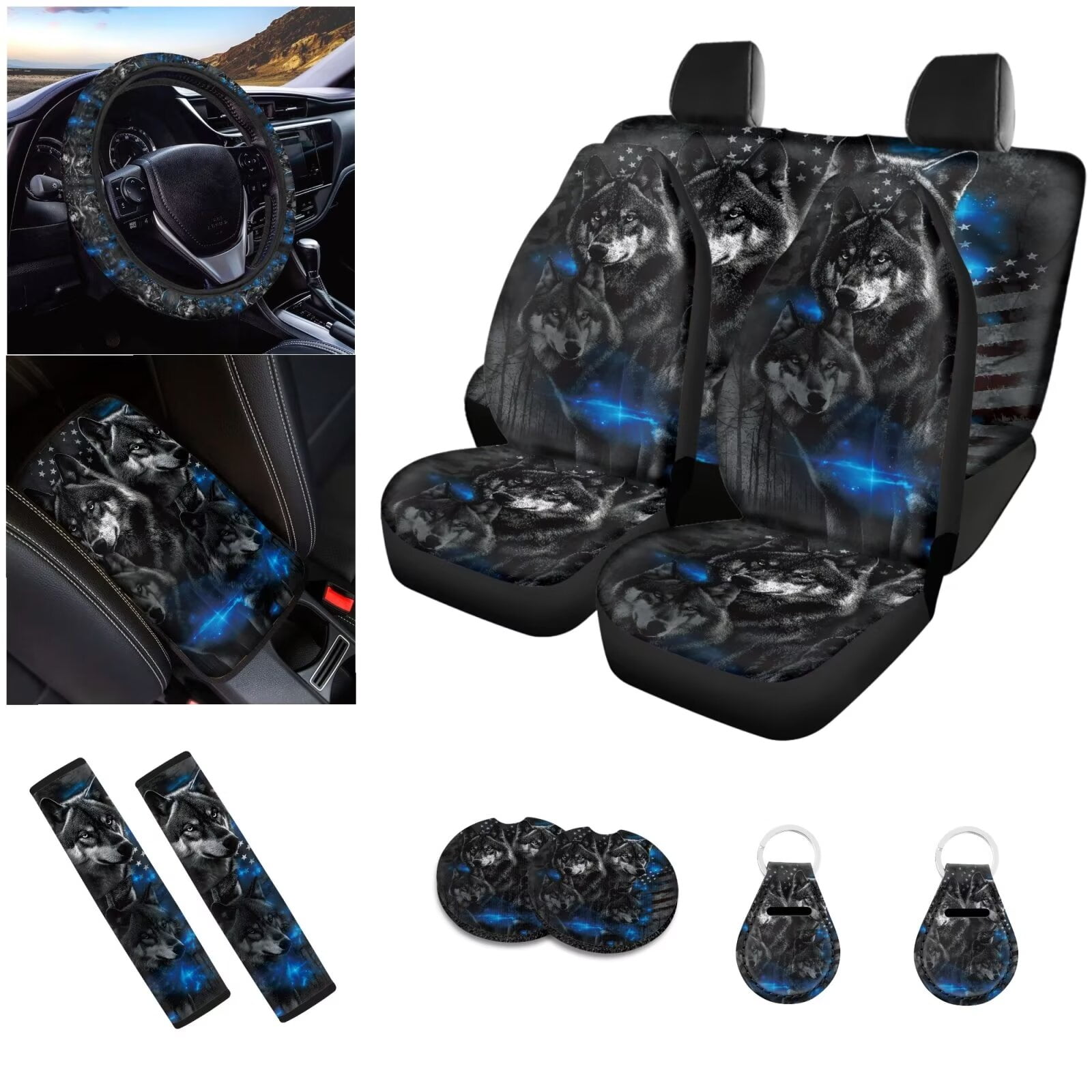 Ledback 12 Piece Wolf Print Car Seat Covers Full Set for Men, American Flag Steering Wheel Cover Seatbelt Soft Front Rear Seat Backrest Bottom Universal Fit Cars SUVs Seden