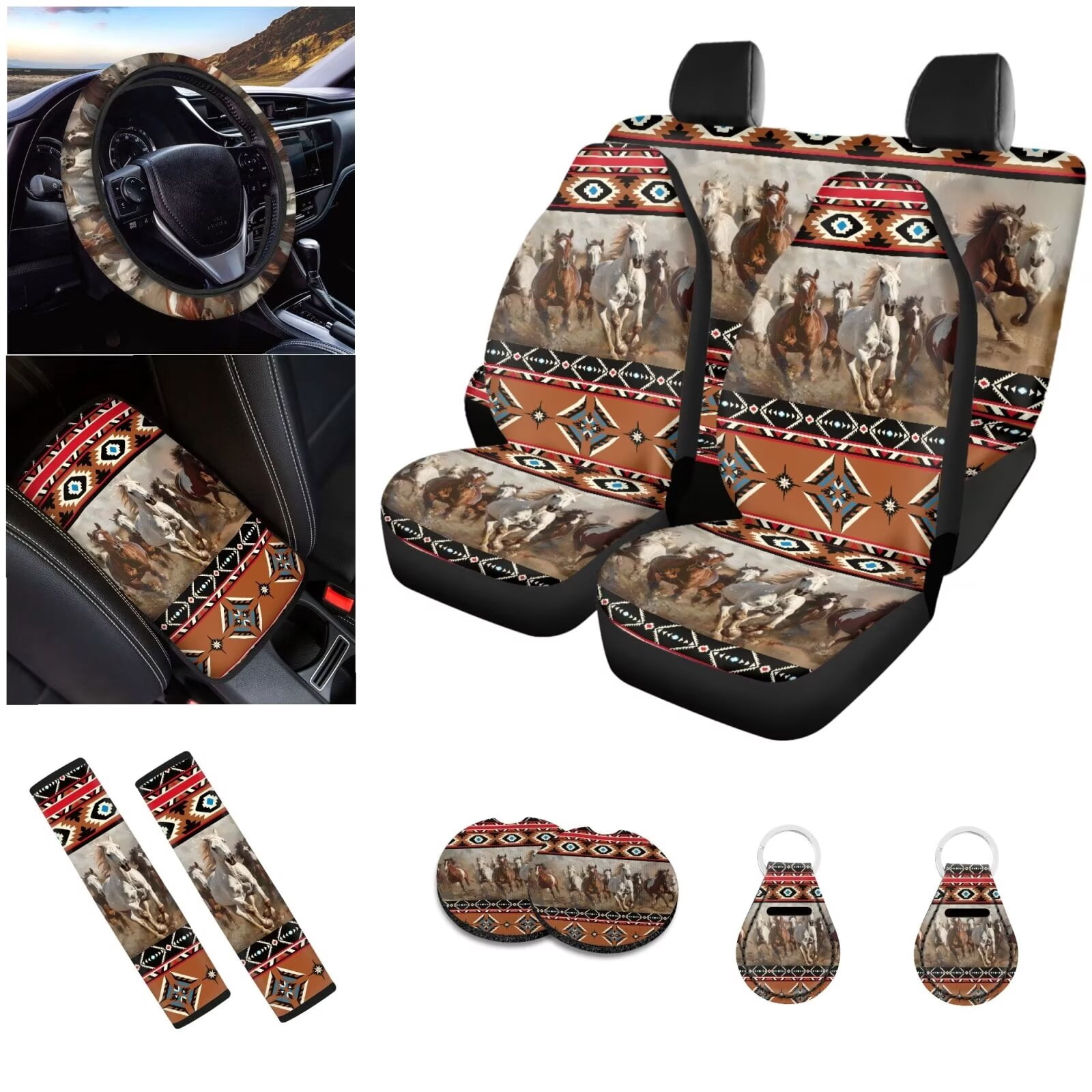 Ledback Aztec Horse Print Car Seat Covers Full Set for Women Men, Breathable Car Front & Back Seat Cover Steering Wheel Cover Soft Car Armrest Cover Seat Belt Pad Keychain Universal Fits