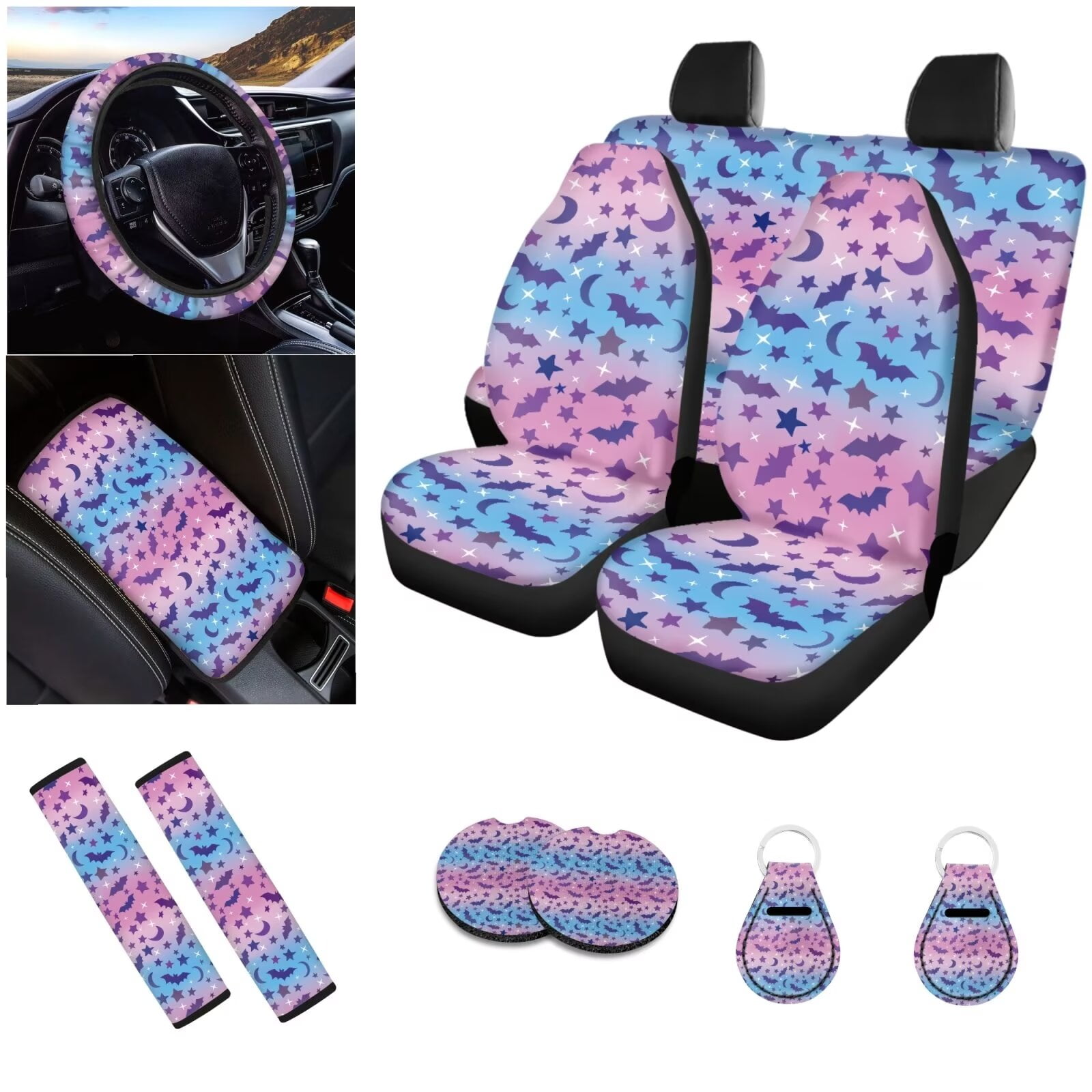 Ledback Bat Stars Printed Car Seat Covers Full Set, 12 Piece Car Front & Rear Seat Cover Breathable Steering Wheel Cover Armrest Pads Universal Fit for SUV Sedan Van Truck